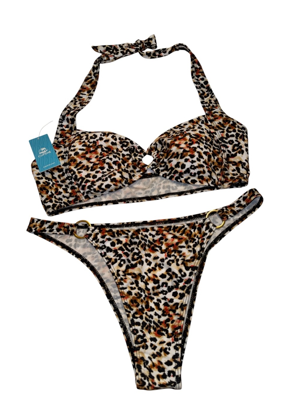 Cupshe Leopard Print Halter Bikini Set - Brown, Black, Tan